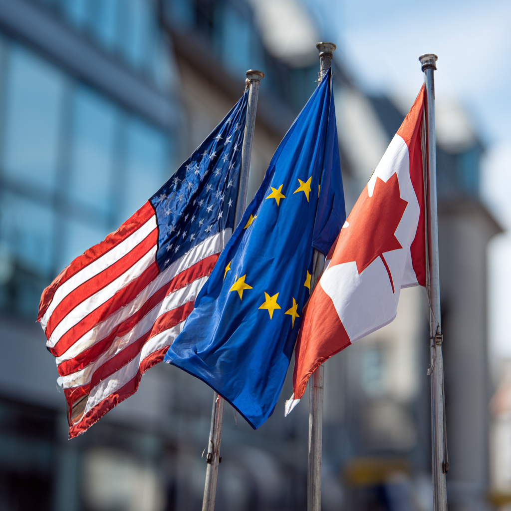 Canadian, American, and EU flags representing cross-border security perspectives