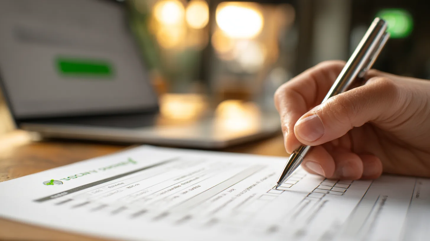 Close-up of a hand using a pen to complete a printed compliance checklist, with a laptop showing a green status indicator blurred in the background