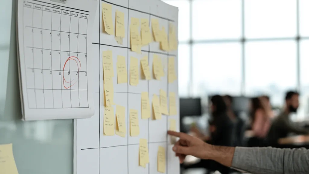 A paper wall calendar with one date circled hangs beside a whiteboard release board dense with sticky notes; an engineer's hand points at the board, not the calendar.