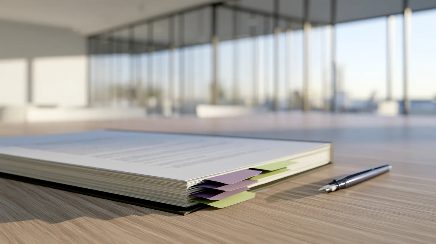 A thick bound report on a boardroom table with purple and green index tabs marking different pages, a fountain pen beside it and a sunlit glass-walled office blurred behind