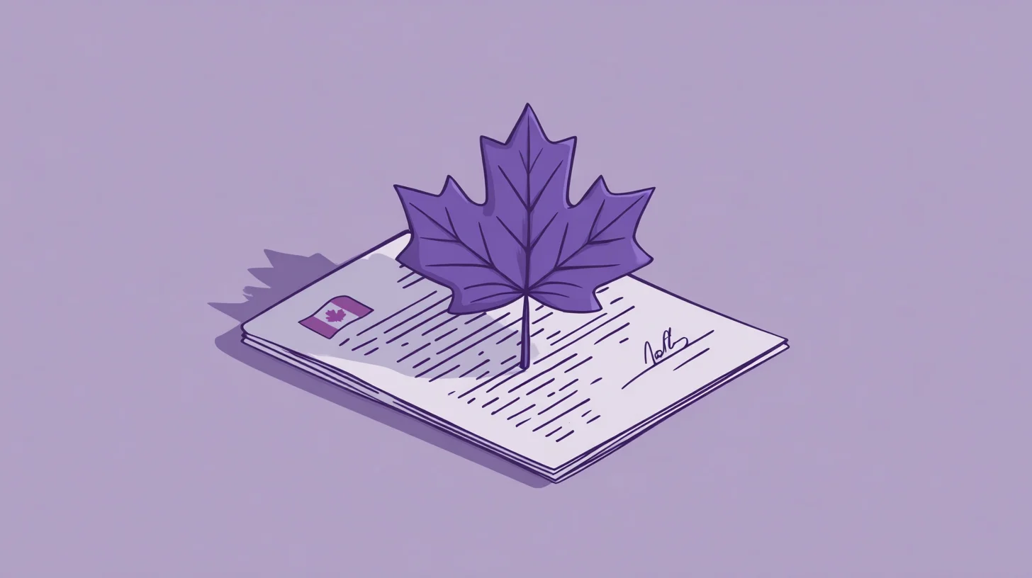 Flat illustration in muted purple of a maple leaf standing on a signed document with a small Canadian flag in the corner