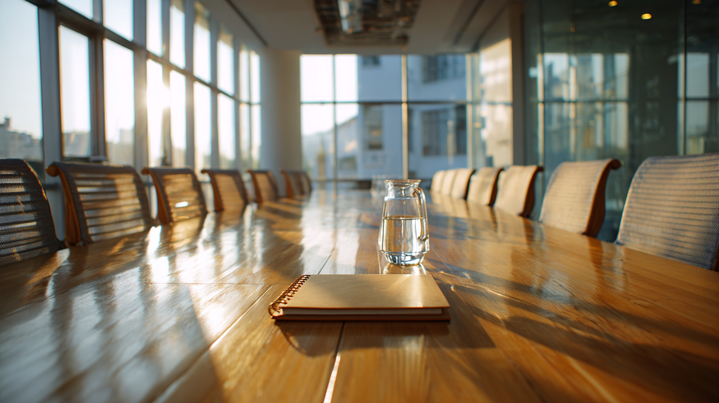 A sunlit empty boardroom with a long polished conference table lined with chairs, a closed notebook and glass water pitcher waiting in the foreground — an office set for a scoping conversation before the work begins.