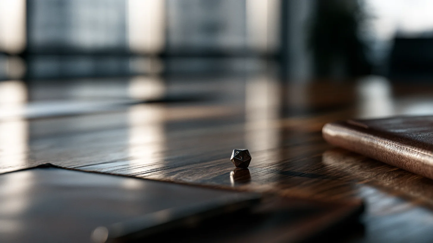 A single die resting alone on a polished dark wood boardroom table, soft window light and a leather portfolio out of focus in the background — the quiet artifact at the center of the budget conversation.